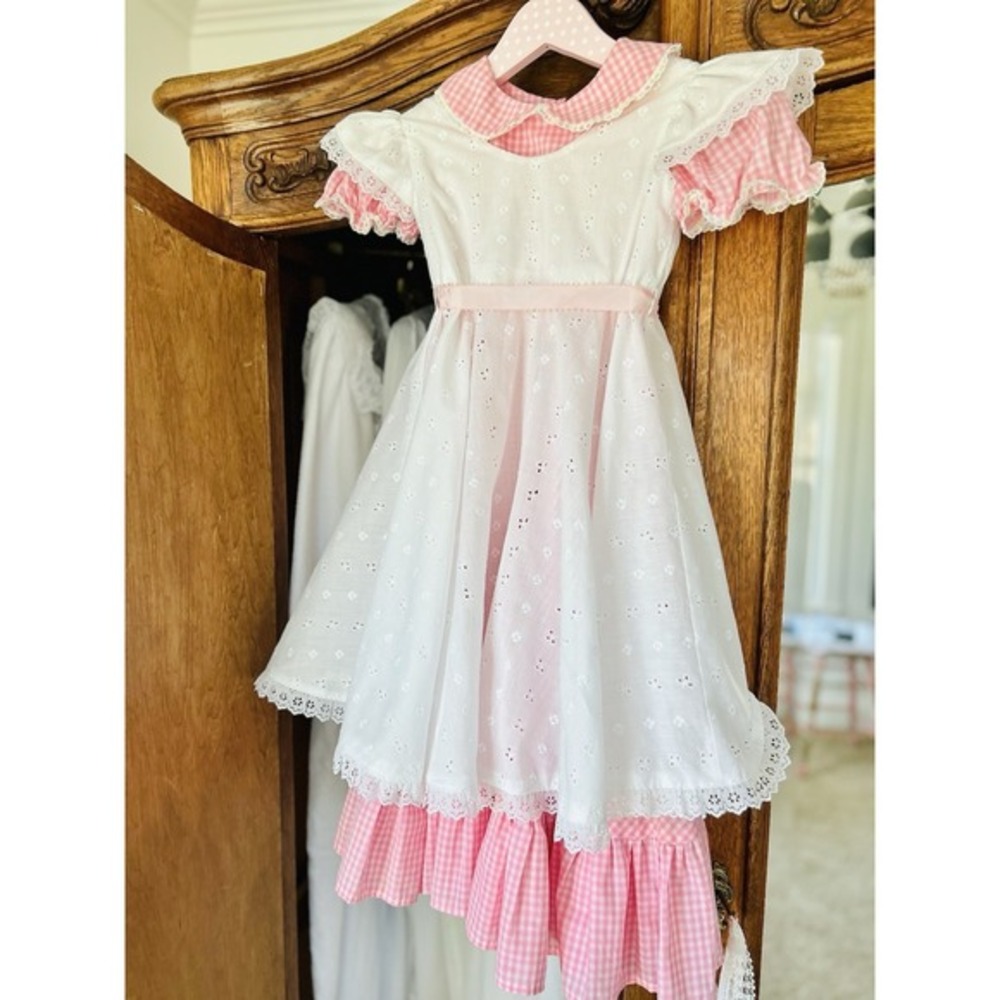 Vintage Handmade Easter Pinafore W/ Bloomers 3 Pc Dress Girls 6-8 Pink Gingham - Picture 8 of 16
